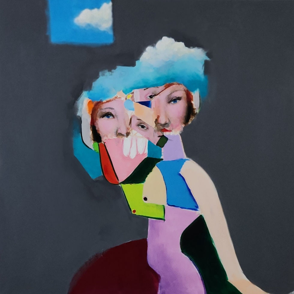Colorful acrylic abstract painting of woman with her head in the clouds. Hannum original
