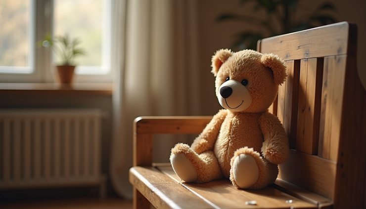 Close-up view of a teddy bear sitting on a wooden bench in a cozy room