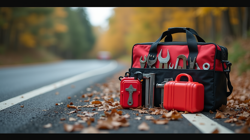 Close-up view of a roadside emergency kit with tools and safety equipment