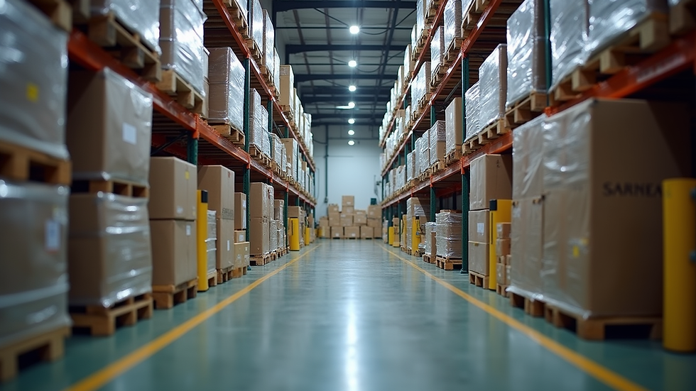 Eye-level view of customs warehouse with stacked cargo pallets