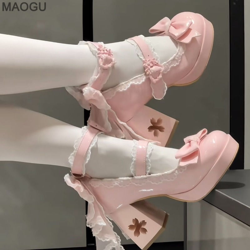 Adorável meninas rosa lolita borboleta nó sapatos de plataforma de salto alto.