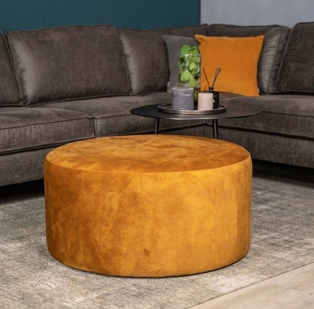 Minimalist Puf & Orta Sehpa Modern Hardal 60Cm