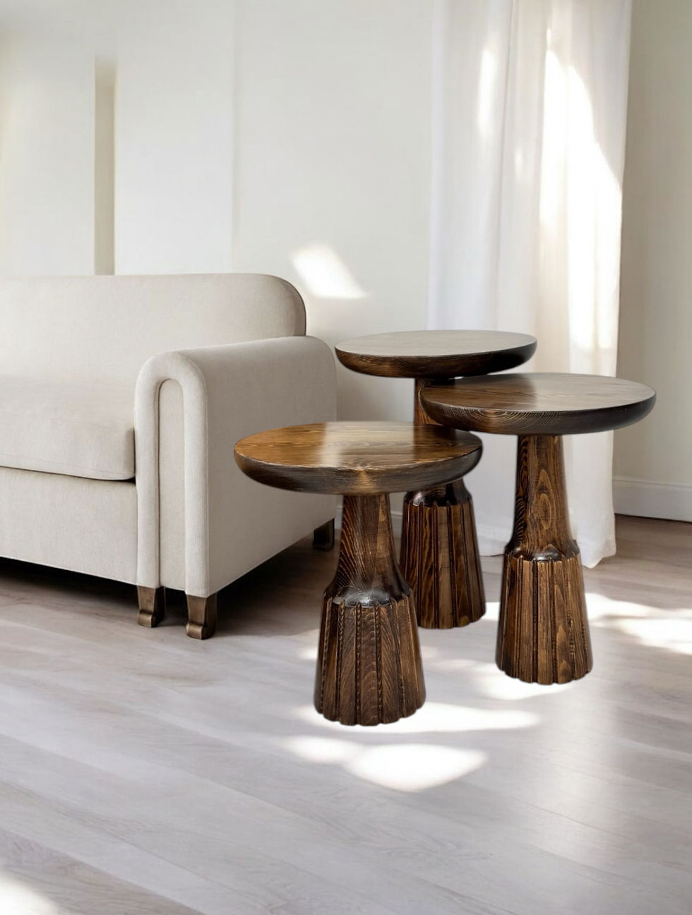 Küçük resim: Ahşap 3’lü Set Mantar Yan Sehpa Modern Ceviz Renk 