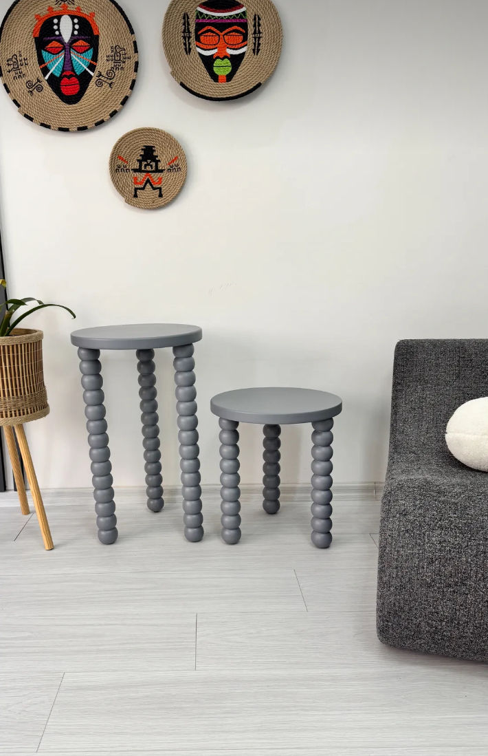 Thumbnail: Ahşap 2’li Set Boncuk Ayaklı Yan Sehpa Modern Antrasit 