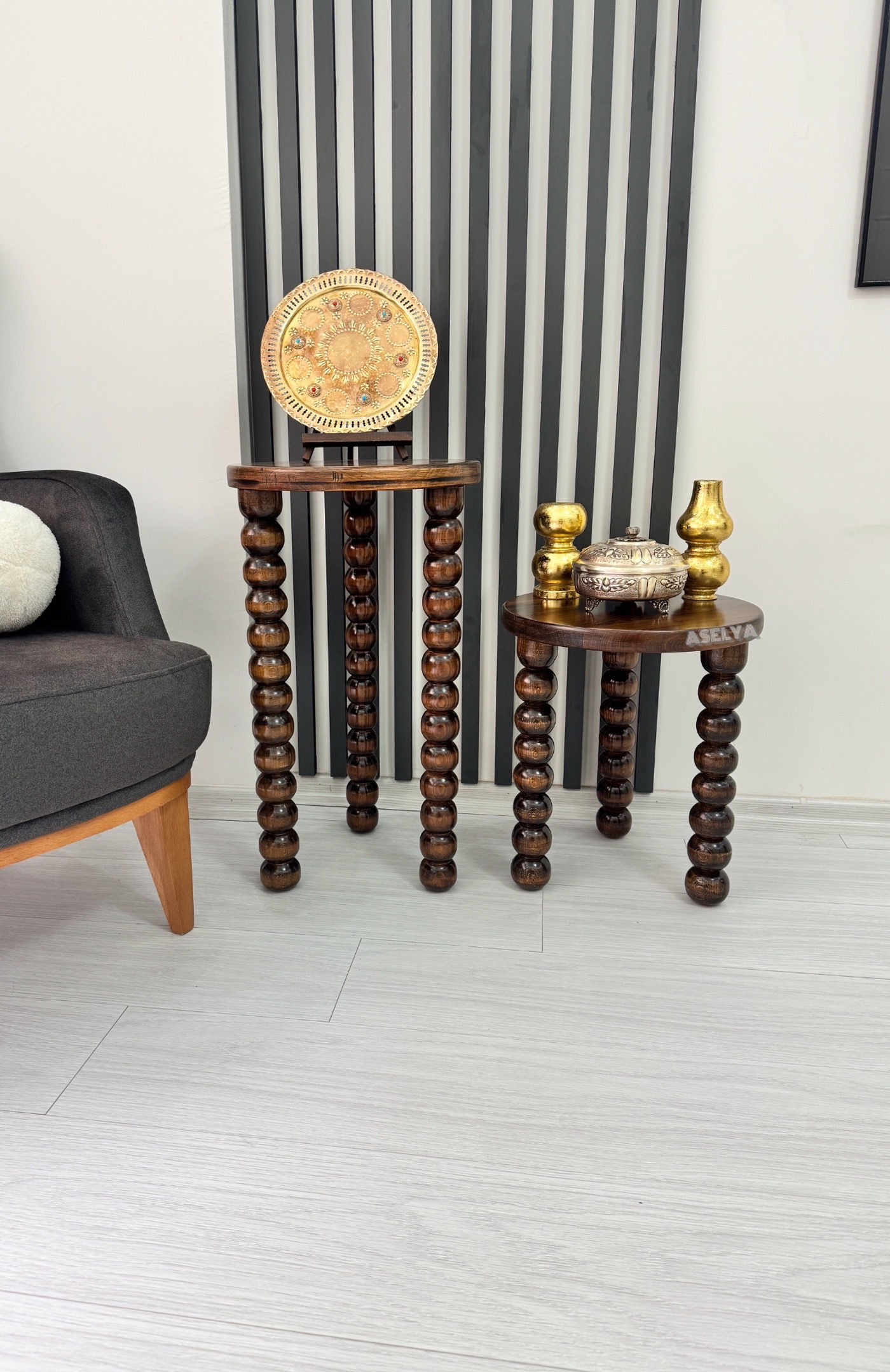 Ahşap 2’li Set Boncuk Ayaklı Yan Sehpa Modern Koyu Ceviz Renk