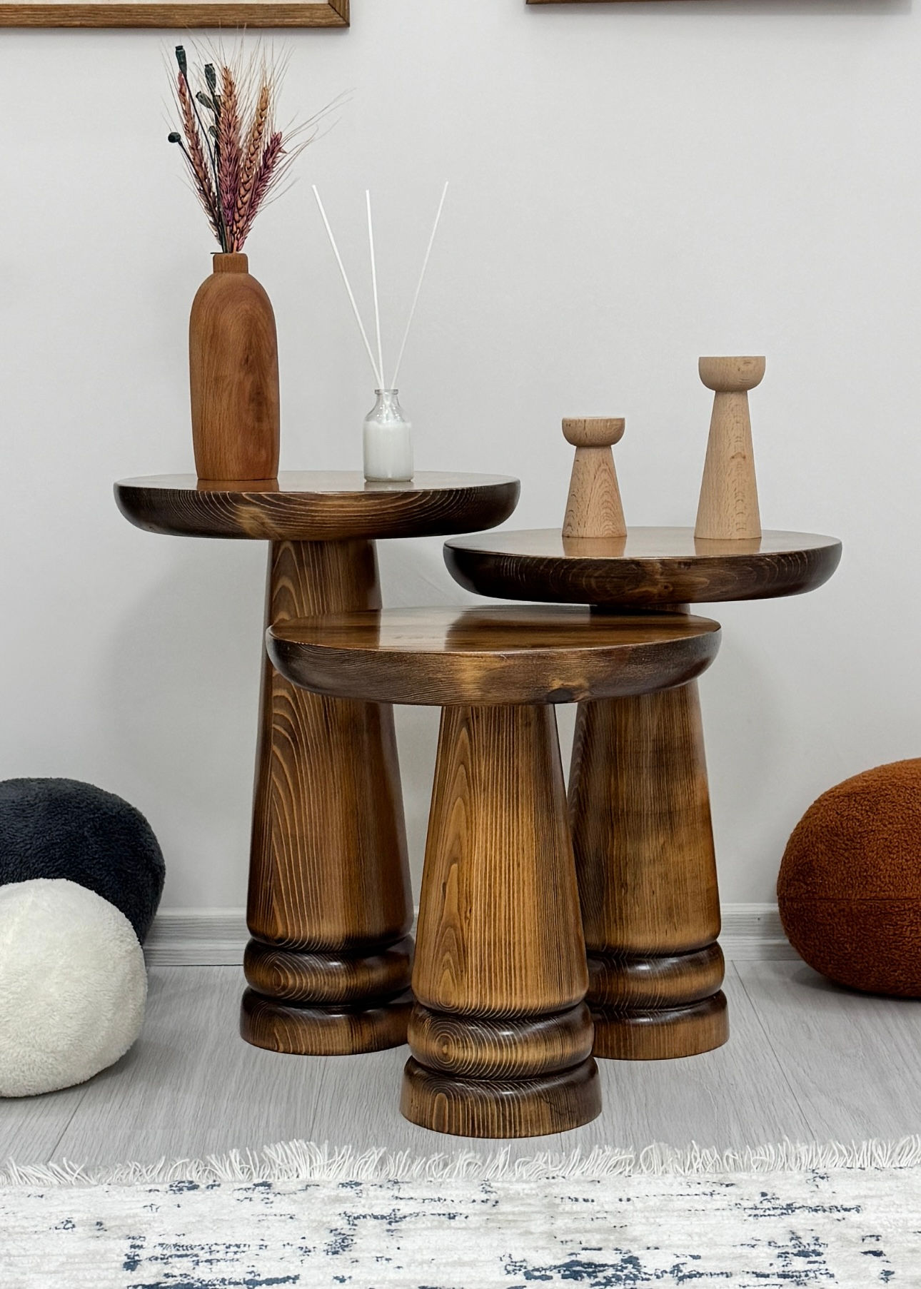 Ahşap 3’lü Set Mantar Yan Sehpa Modern Ceviz Renk 