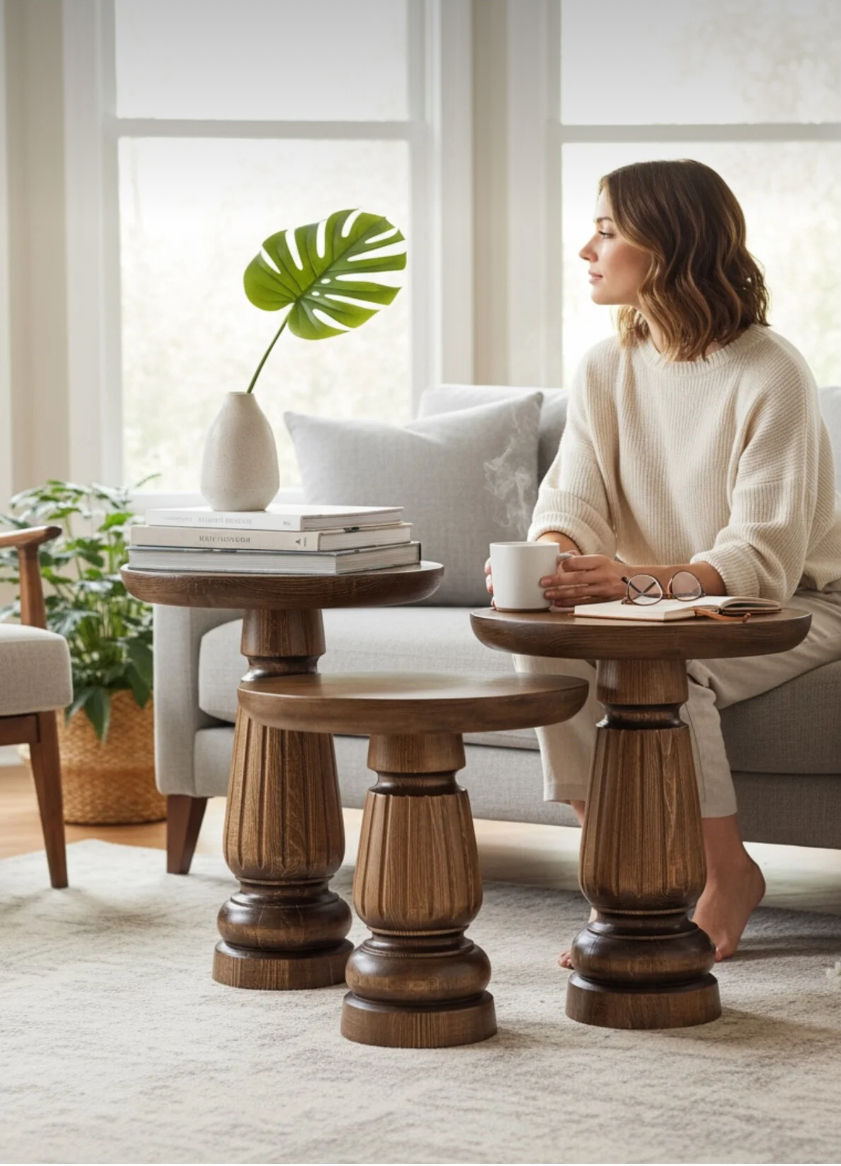 Küçük resim: Doğal Ahşap 3’lü Set Mantar Yan Sehpa Modern Ceviz Renk Fiskos Zigon Çiçeklik 