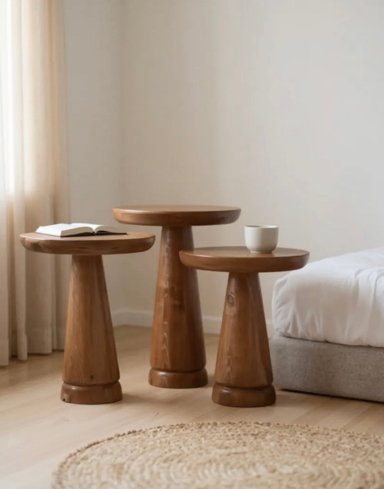 Doğal Ahşap 3’lü Set Mantar Yan Sehpa Modern Fiskos Zigon Çiçeklik