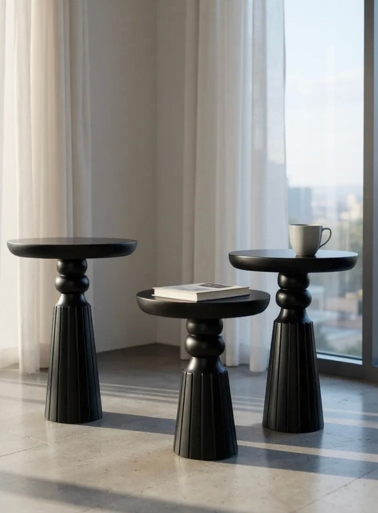 Doğal Ahşap 3’lü Set Siyah Renk Mantar Yan Sehpa Modern Fiskos Zigon Çiçeklik 