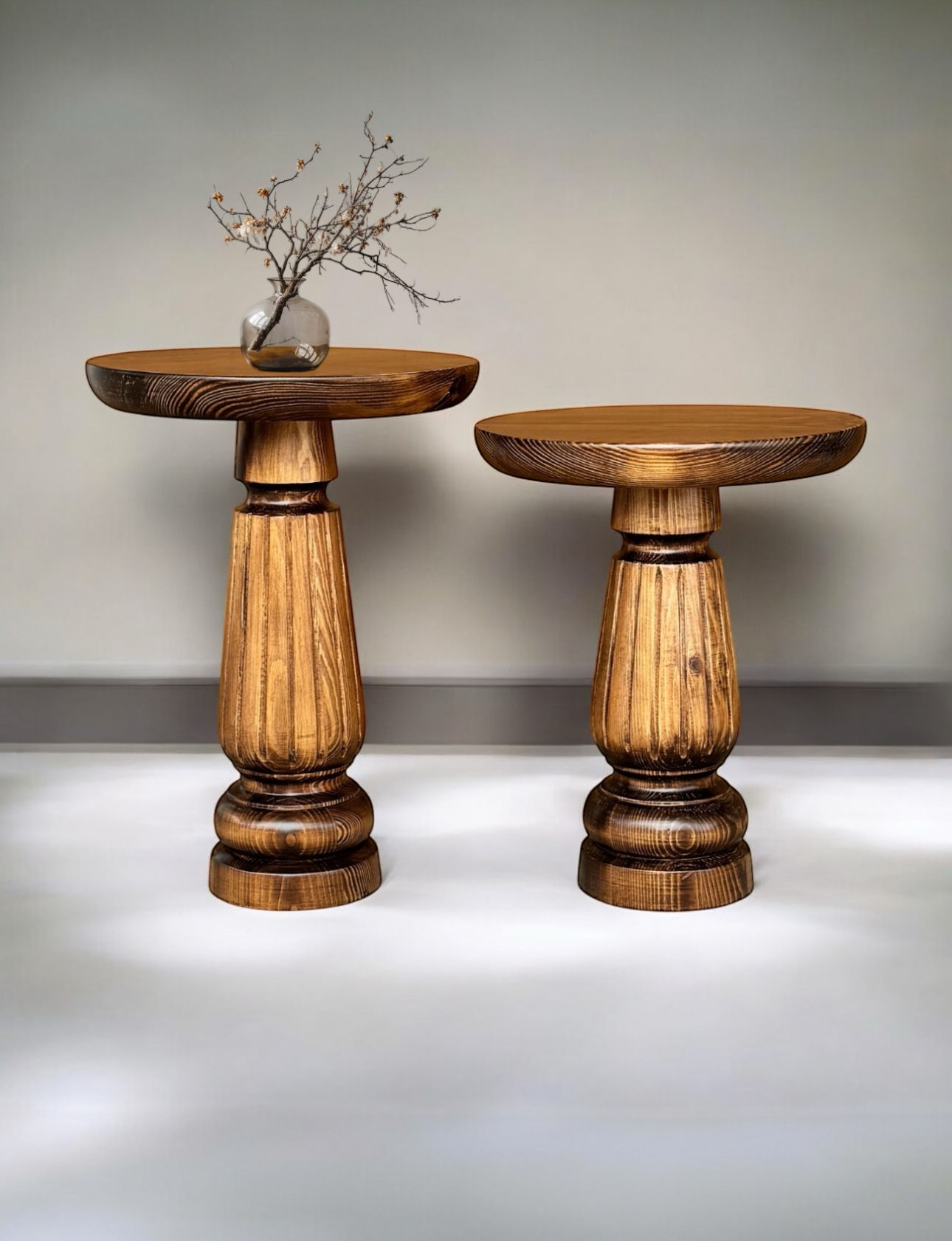 Doğal Ahşap 2’li Set Mantar Yan Sehpa Modern Fiskos Zigon Çiçeklik 