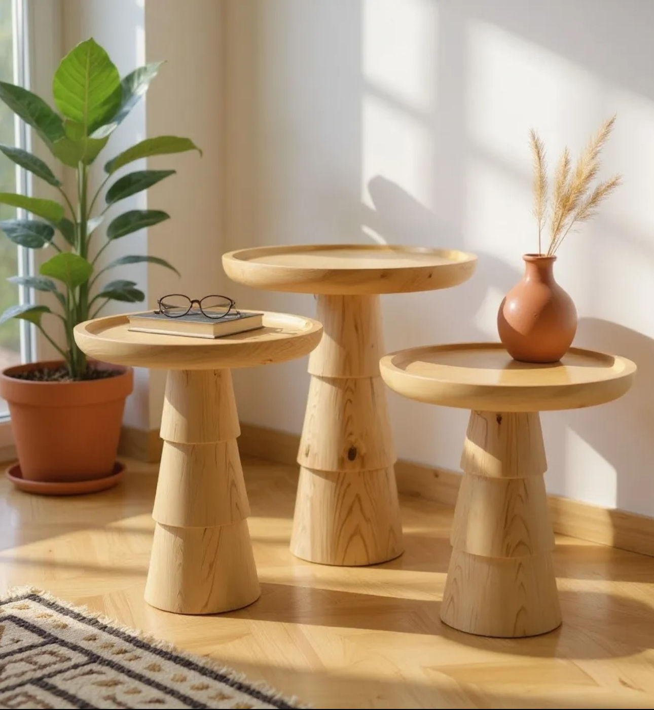 Doğal Ahşap 3’lü Set Mantar Yan Sehpa Modern Vernikli Fiskos Zigon Çiçeklik