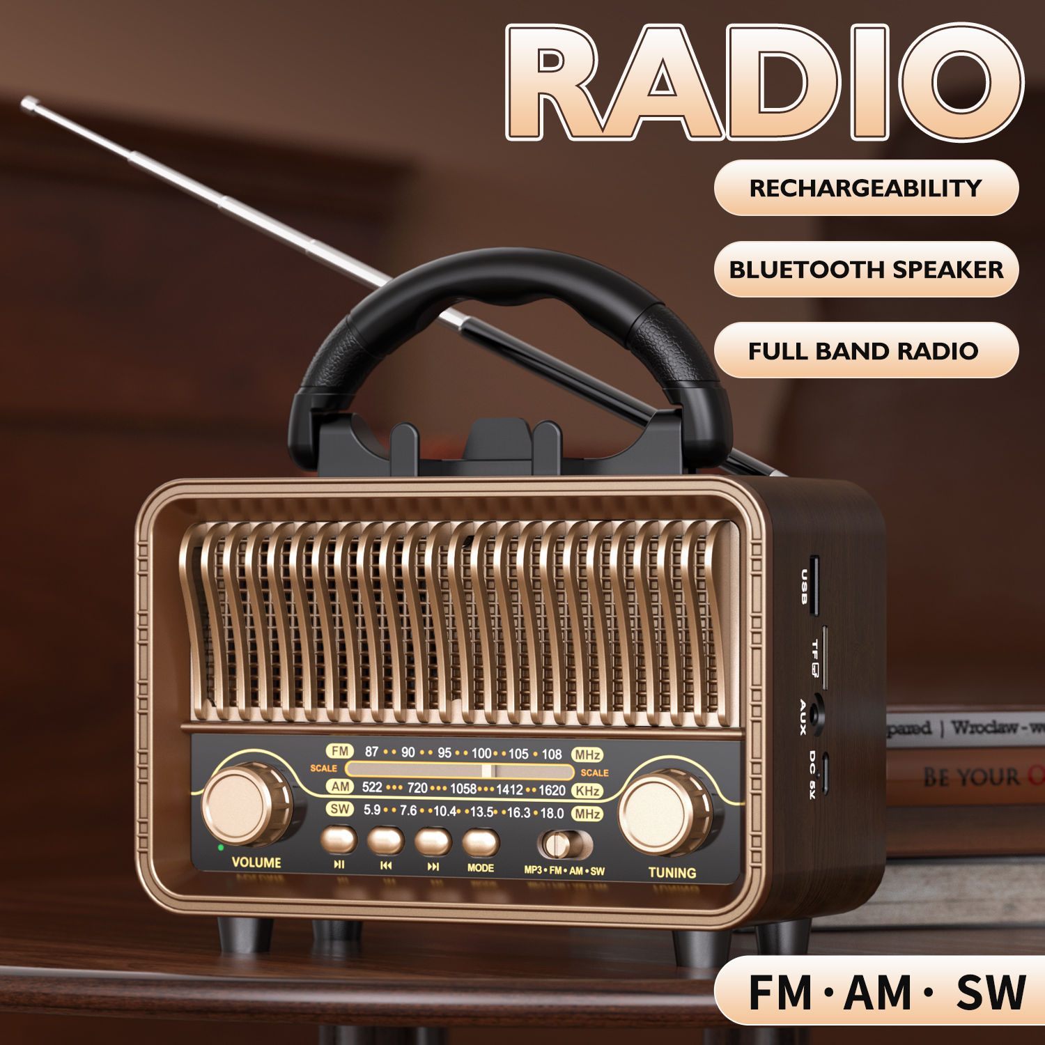 Retro Wireless Radio Portable AM/FM/SW with USB Rechargeable Battery With antenn