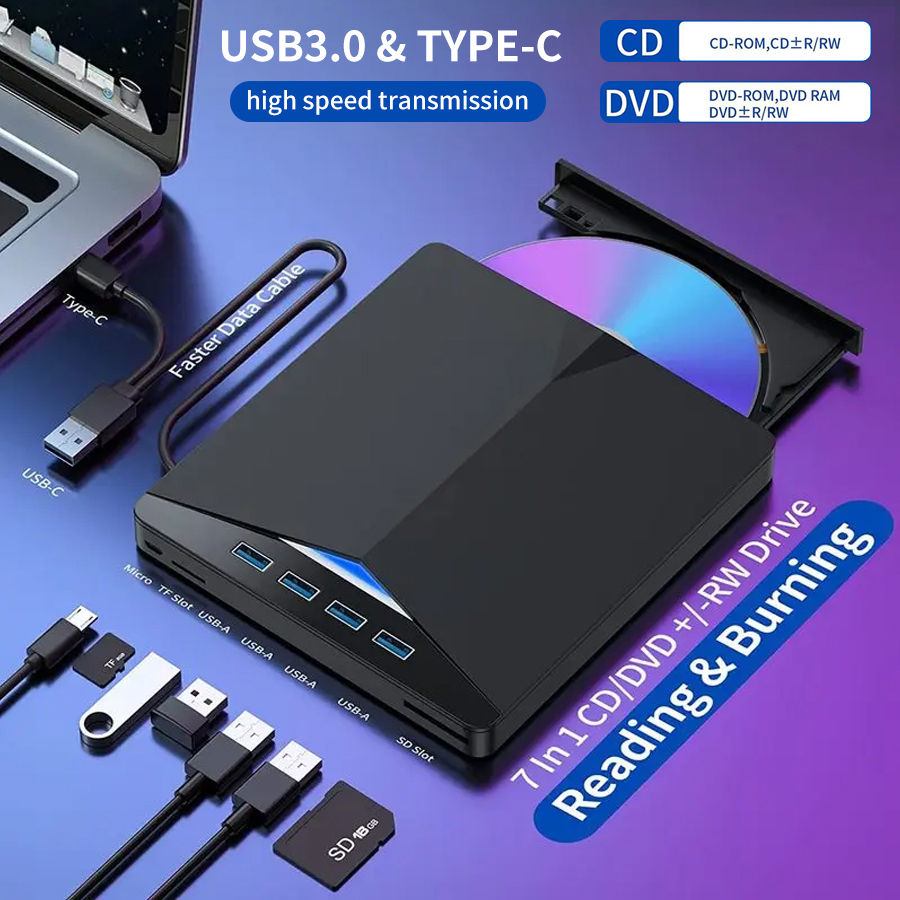 7-in-1 USB 3.0 Type C TF SD External CD DVD RW Optical Drives DVD Burner Recorde