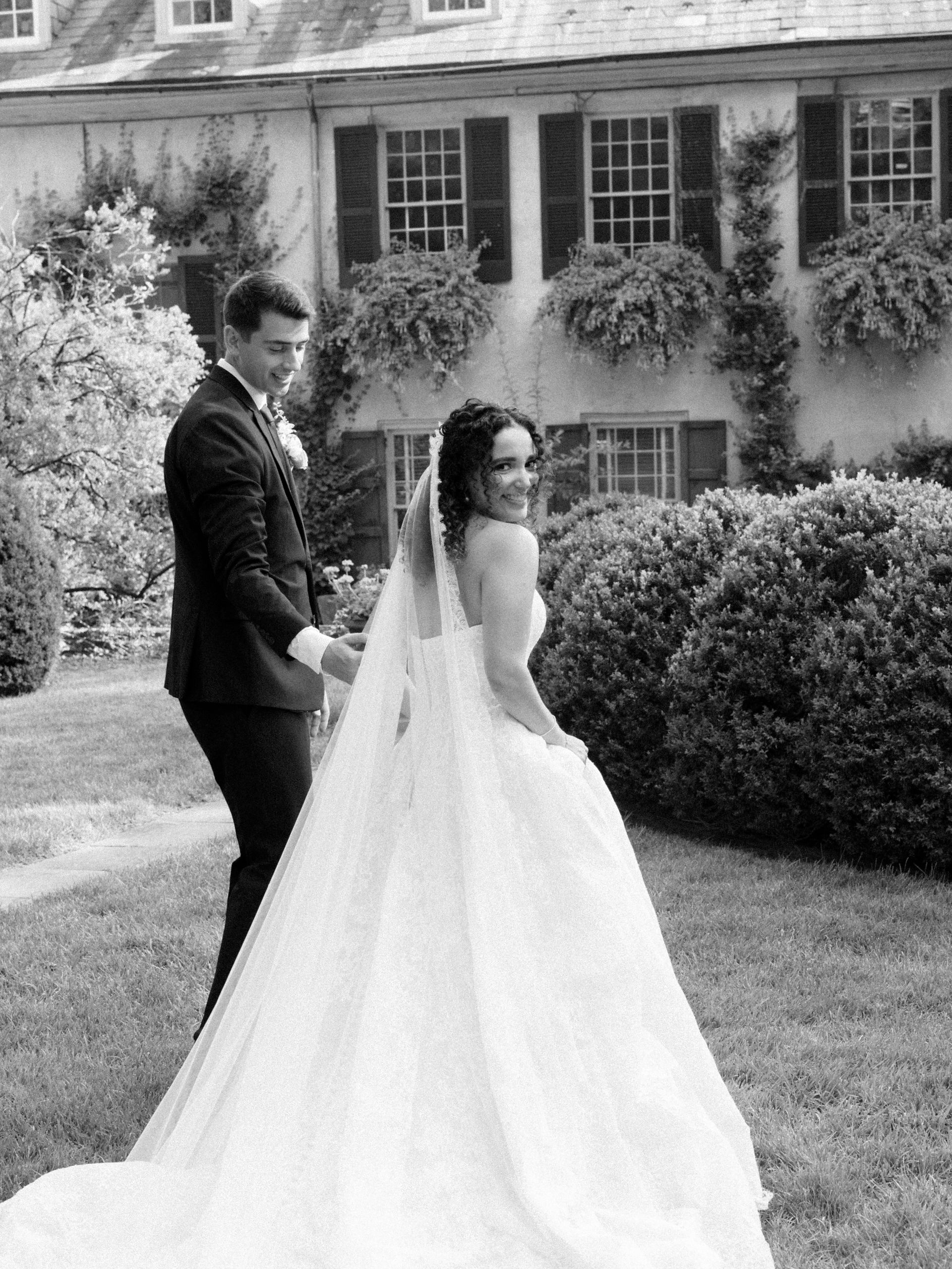 A bride and groom at an outdoor wedding