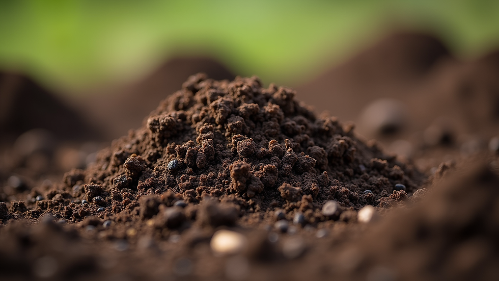 Close-up view of rich organic compost with visible manure and soil particles