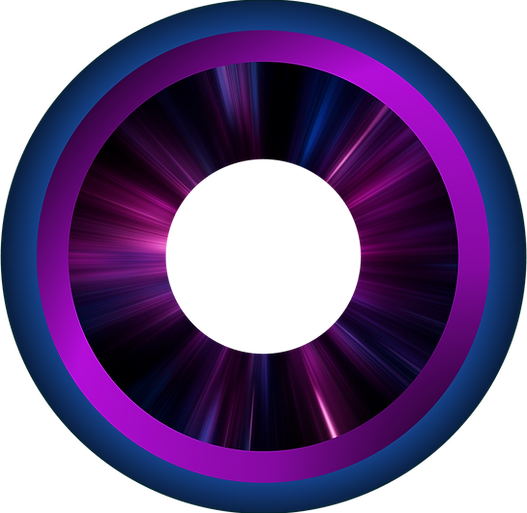 A circular graphic with a white center, surrounded by radiant purple, pink, and blue light effects, creating a glowing ring p