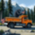 mythical mountain with trees and a dump truck with a yeti bigfoot with american flag and o