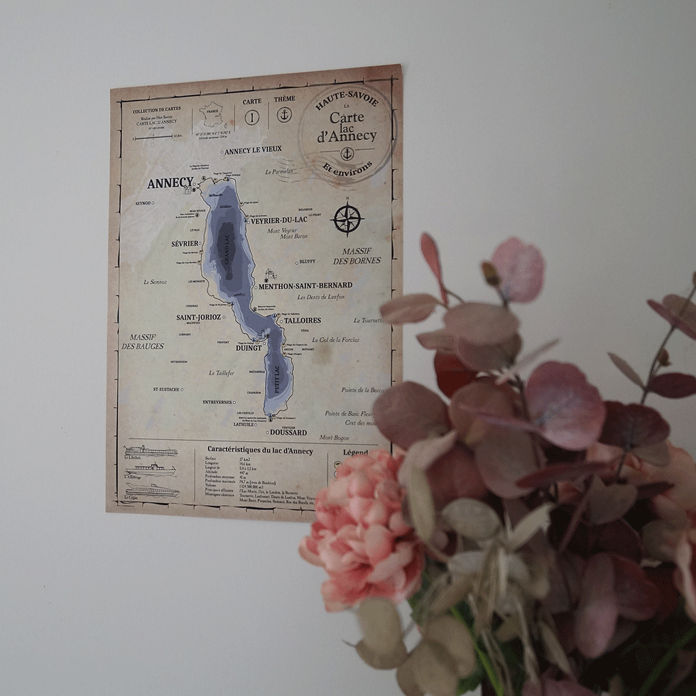 Affiche carte du lac d'Annecy et ses environs, affiche vieilli 30x40