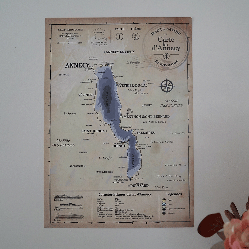 Miniature : Affiche carte du lac d'Annecy et ses environs, affiche vieilli 30x40 carte interieur