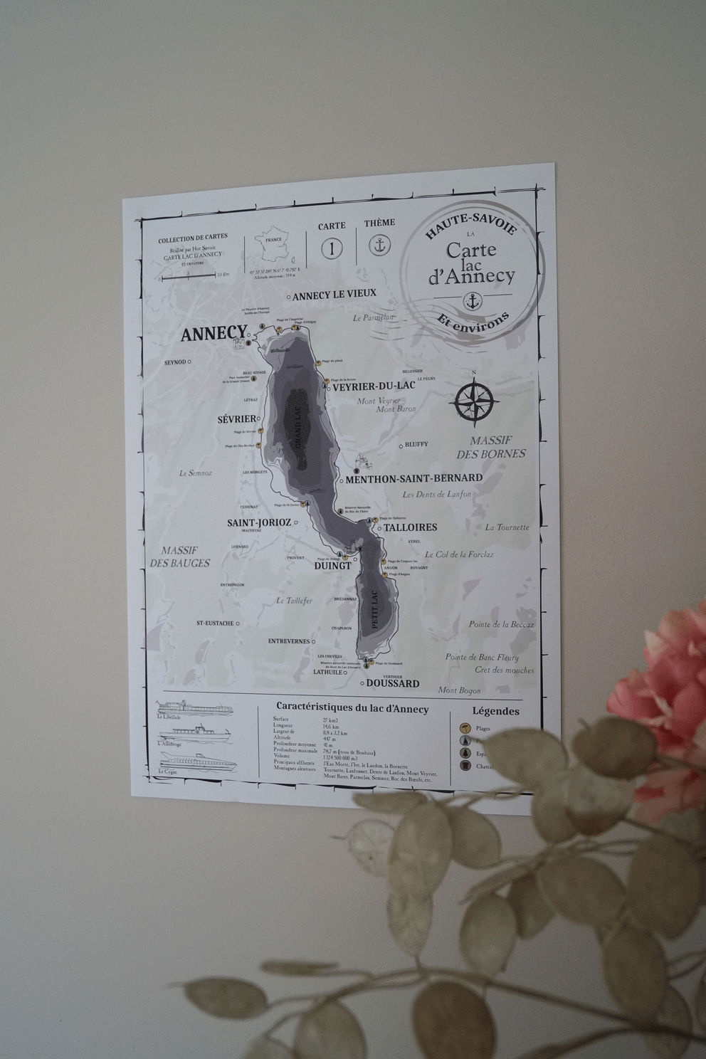 Affiche Poster A3 carte du lac d'Annecy et ses environs Noir et blanc couleur pastel épuré, décoration intérieur