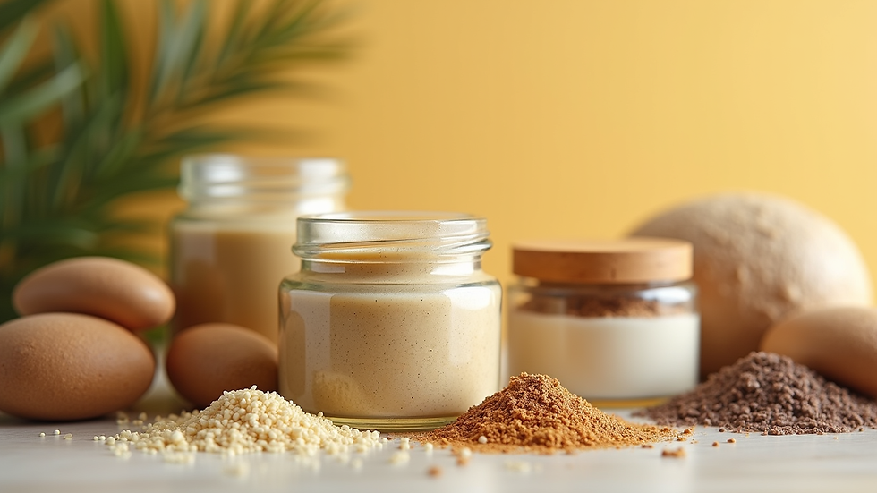 Close-up view of a variety of natural skincare ingredients in jars