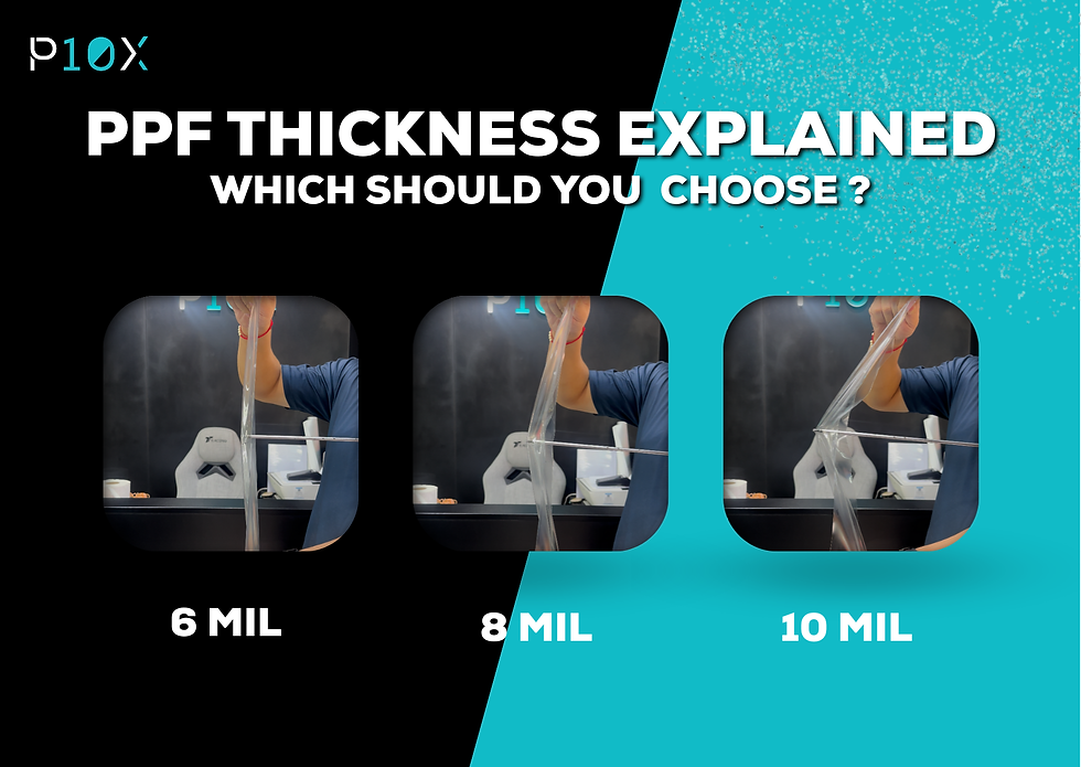 Man stretches clear film in three stages labeled 6 mil, 8 mil, 10 mil. Text: "PPF Thickness Explained. Which Should You Choose?" Black and teal background.