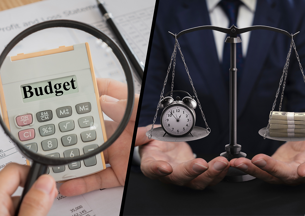 Calculator with "Budget" text under magnifying glass and a scale with a clock and money stack, suggesting financial balance.