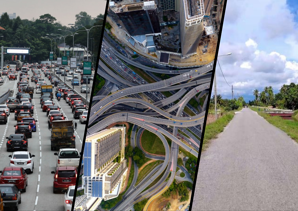 Traffic jam on a busy city road, aerial view of a complex highway interchange, and a quiet rural road under a partly cloudy sky.
