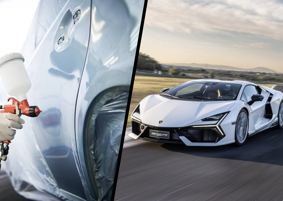 Car being spray-painted in a workshop on left; sleek white sports car driving on a road with a scenic landscape on right.