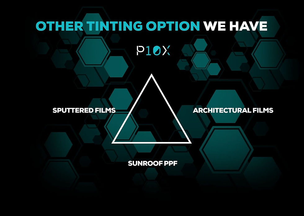 Hexagon pattern background with text: "OTHER TINTING OPTION WE HAVE" and "P10X." A triangle labels "SPUTTERED FILMS," "ARCHITECTURAL FILMS," "SUNROOF PPF."