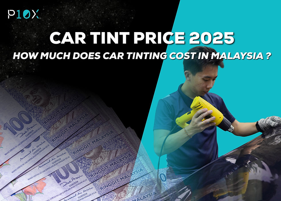Man using a heat gun on car tint with 100 Malaysian Ringgit bills in the background. Text reads: "Car Tint Price 2025. How much does car tinting cost in Malaysia?"