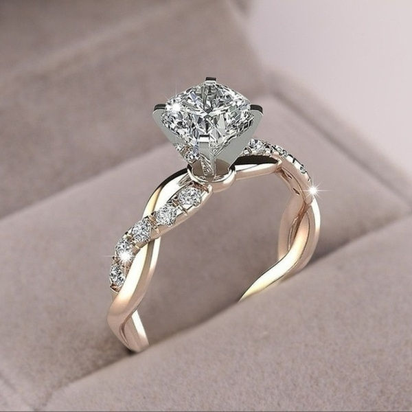 925 Sterling Silver Twisted Shape Diamond Ring Wedding Band 18KGP Two Tone Rose-