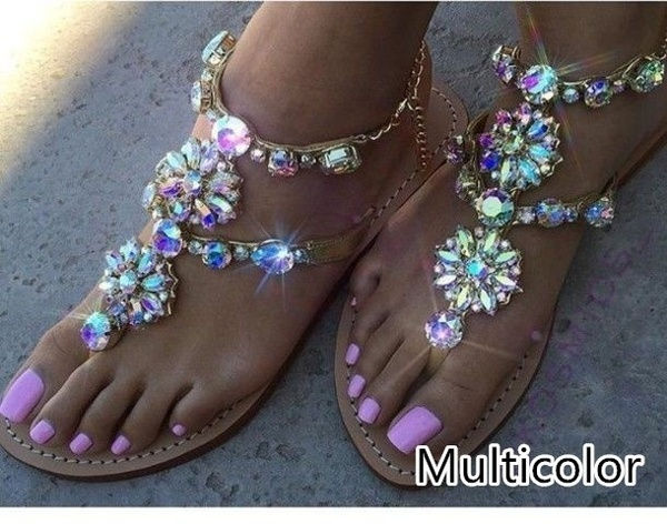 Woman Sandals Shoes Rhinestones Chains Gladiator Flat Sandals Round Toe Rhinesto