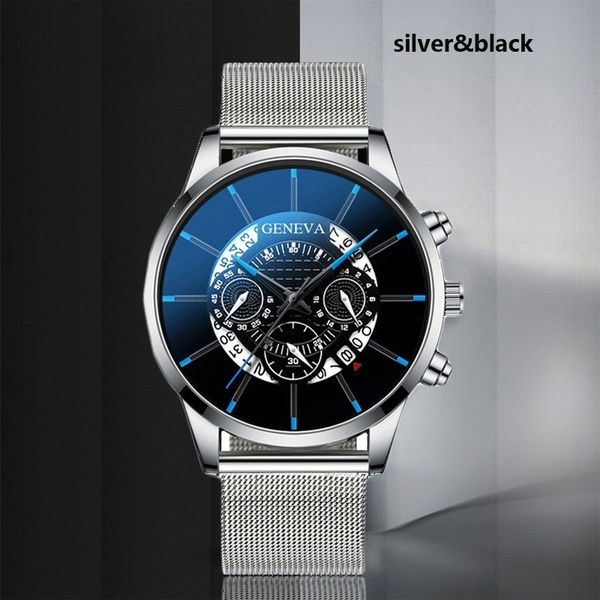 Fashion Mens Stainless Steel Date Watch Mesh Belt Ultra Thin Watch Luxury Sport
