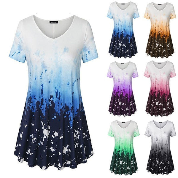 Womens V Neck Short Sleeve A Line Curved Hem Tie Dye Business Casual Dressy Tuni