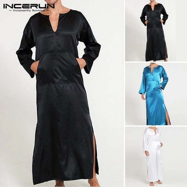 Silk Satin Men's V Neck Fashion Side Slit Sleepwear Robe Lightweight Pajama Home
