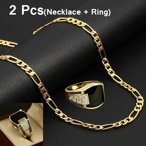 Luxury 18k Gold Jewelry Set Men's Fashion Ring Chain Necklace Black Gemstone Gol