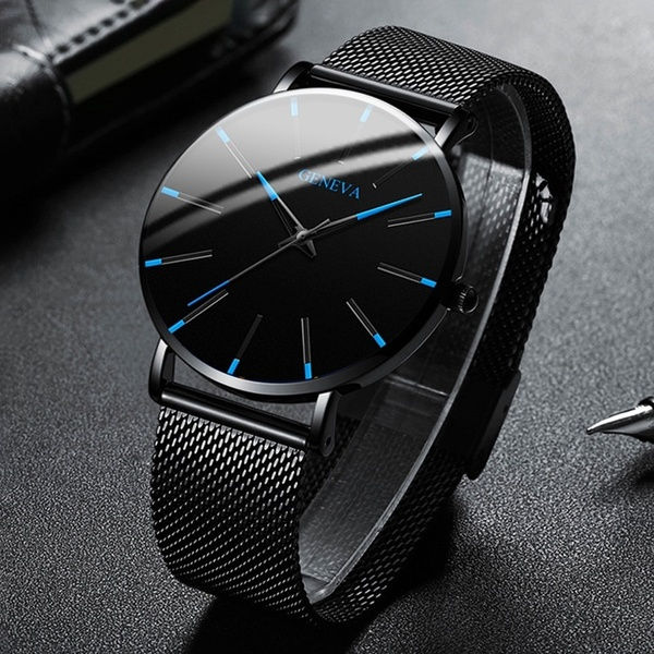 Fashion Mens Watches Stainless Steel Mesh Band Quartz Wrist Watch Man Luxury Bus