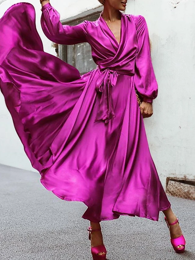 Women's Maxi A Line Dress - Long Sleeve Solid Color Summer V Neck Street chic 20