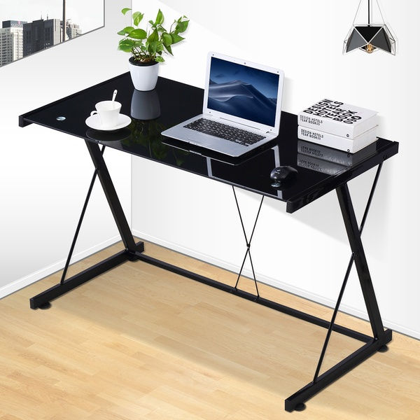 Z Shaped PC Laptop Glass Table White Computer Desk Workstation Office Home Furni