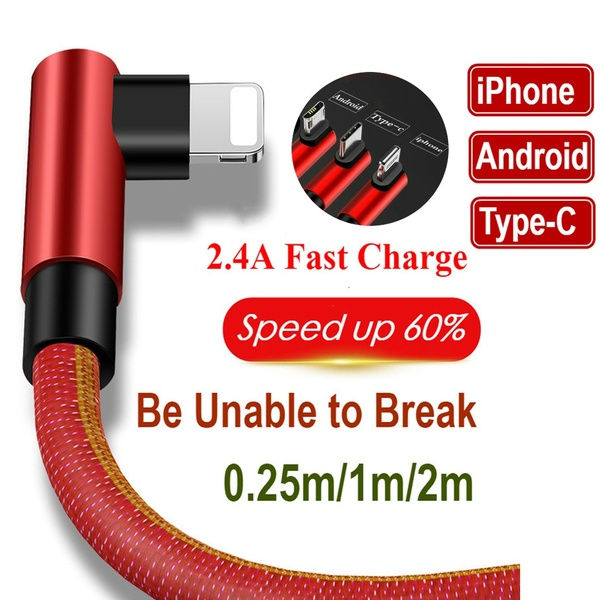 cópia de Braided 90 Degree Right Angle Type-C/IOS/ Micro USB Fast Data Sync Char