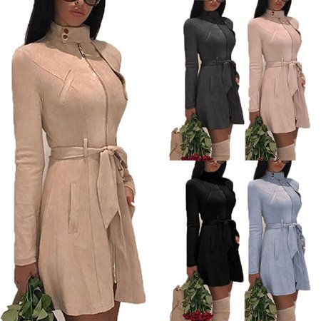 Women Fashion Solid Zipper Jacket Long Sleeve Trench Coat Suede Casual Windbreak