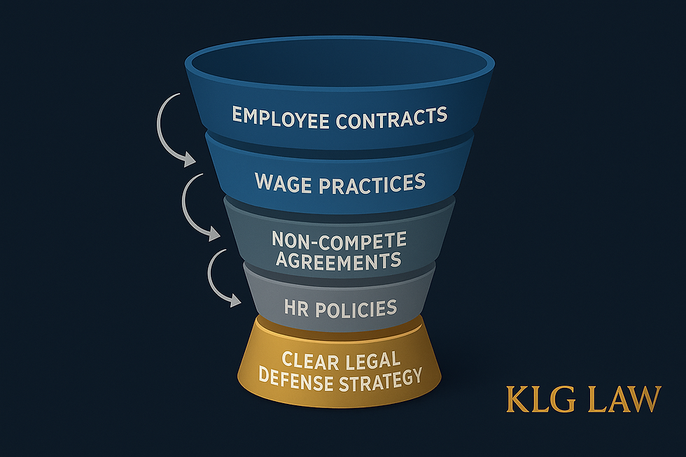 Employment contract defense strategy infographic showing layered legal protection approach for Queens businesses - KLG Law