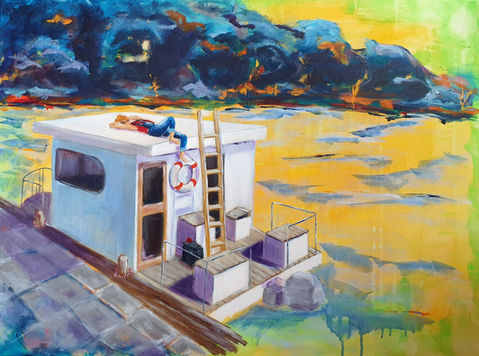 doris-virnich-2021-die lahn-hausboot-100x80cm-tagträume