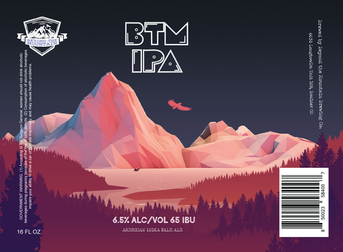 Beyond the Mountain beer label design that has pink and purple mountains and trees in the foreground