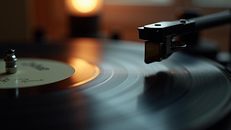 Eye-level view of a vinyl record player with a classic vinyl record