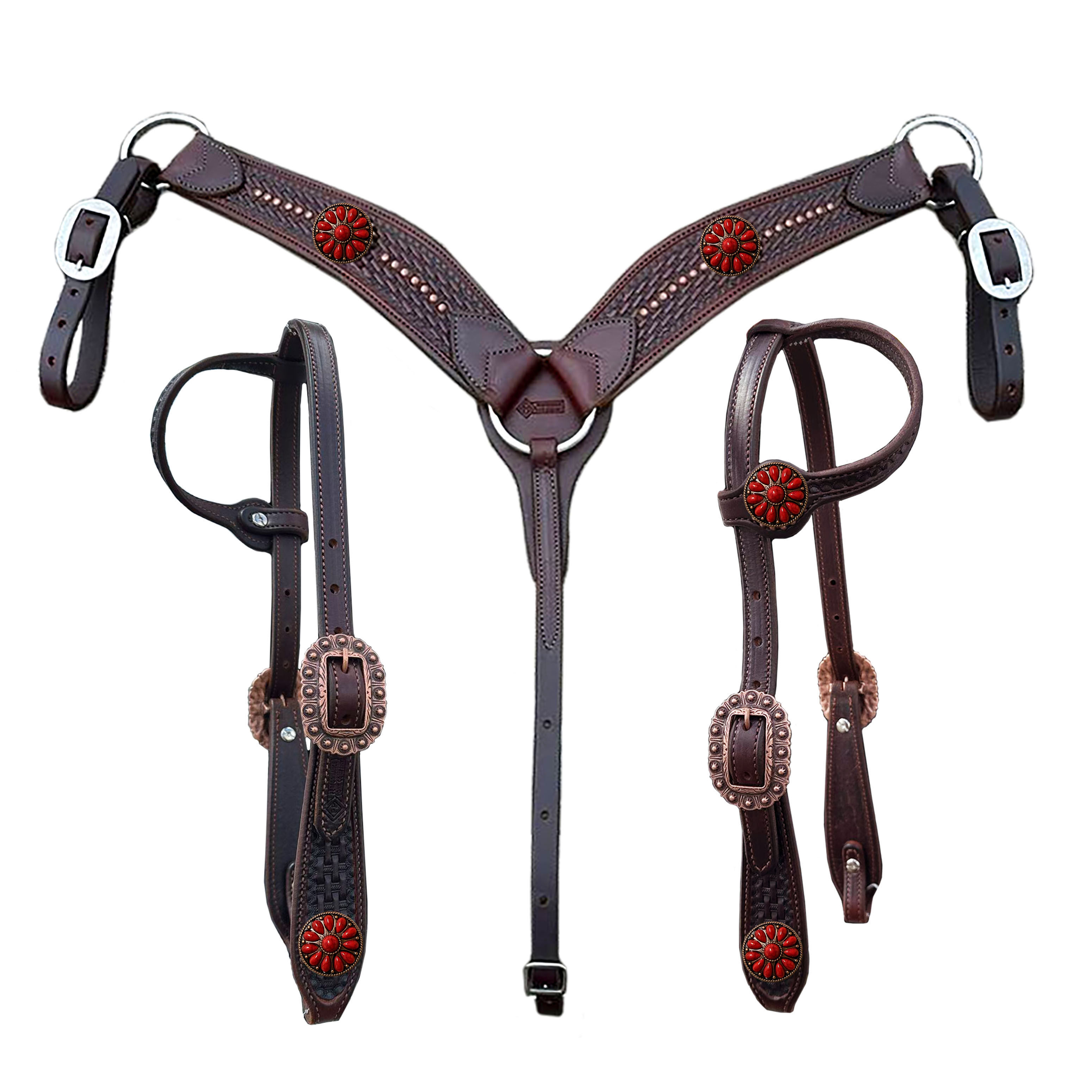 Red Flower Walnut Basketweave Single Ear Set