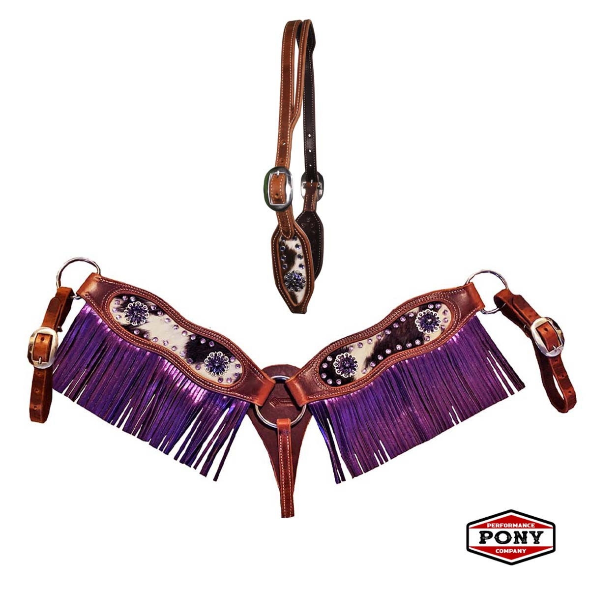 Cow Print Inlay w/ Purple Crystal Concho Slit Ear Fringe Set
