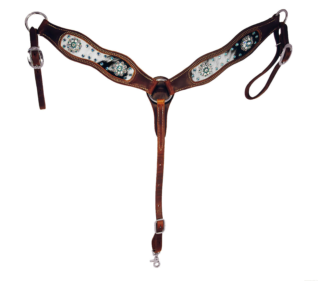 Cow Print Inlay w/ Teal Swarovski Crystal Concho Breast Collar