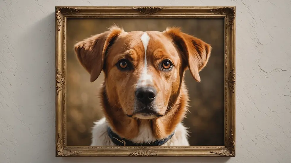Framed portrait of a dog on a wall